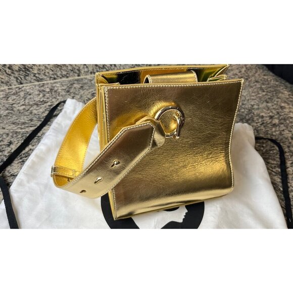 SARA BATTAGLIA GOLD PLISSE MINI KELLY BAG - Picture 1 of 11